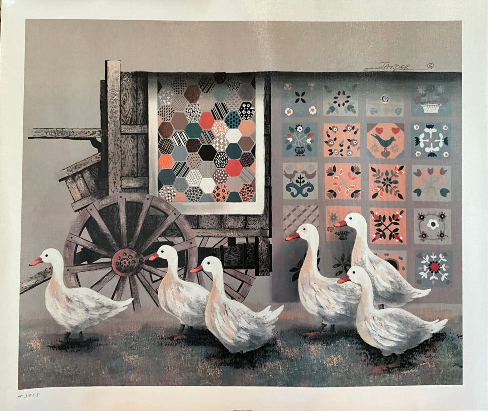 A lithograph print of family of ducks walking beside a cart with quilts hanging from it.