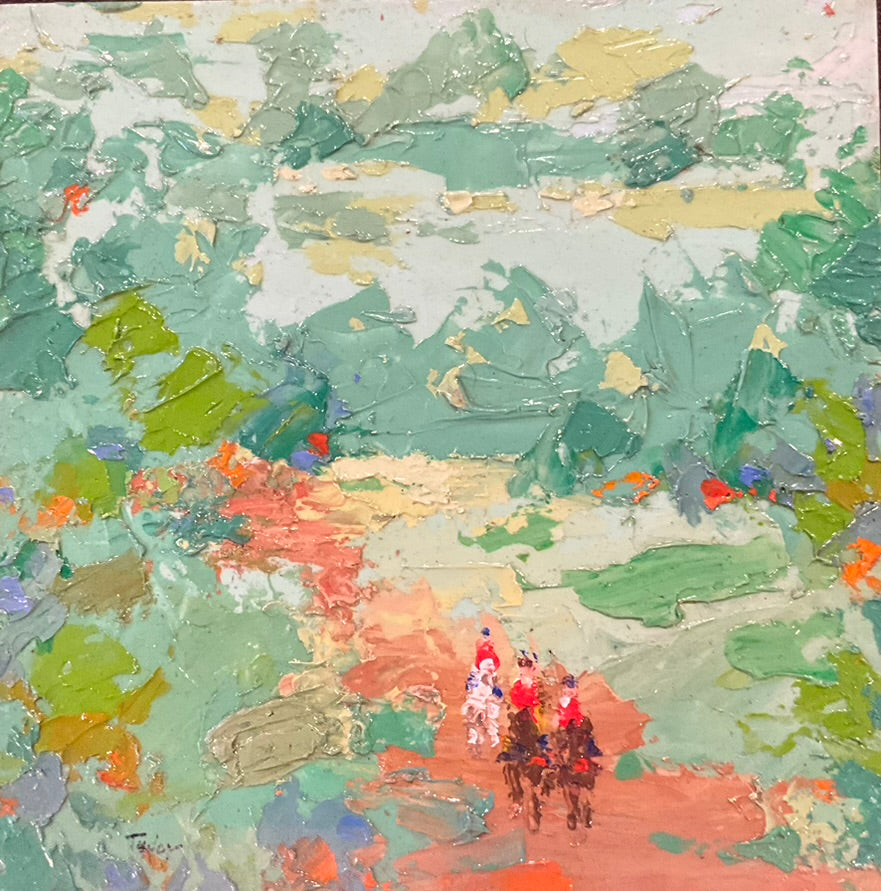 A painting featuring horses in a green landscape with a mountainous backdrop, signed by the artist.