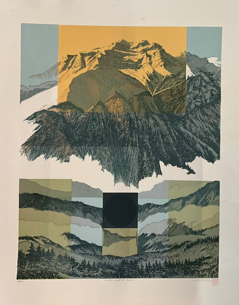 Unframed artwork depicting a stylized landscape with mountains and a sunset-like light at the top, with the artist's signature.