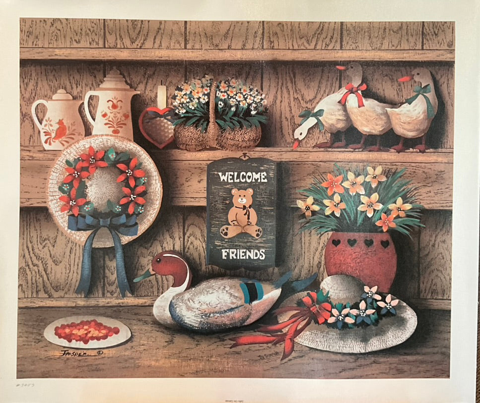 A lithograph print featuring a rustic, country-themed scene with a ceramic ducks, flowers, and a 'Welcome Friends' sign.