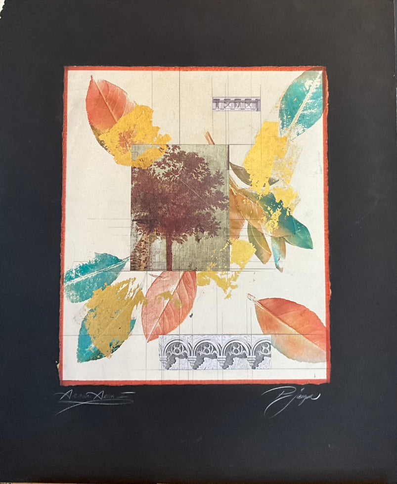 Leaves printed in teal, yellow, and red, with a tree image in the center and decorative black and white images on the top and bottom. Bordered with red and matted.