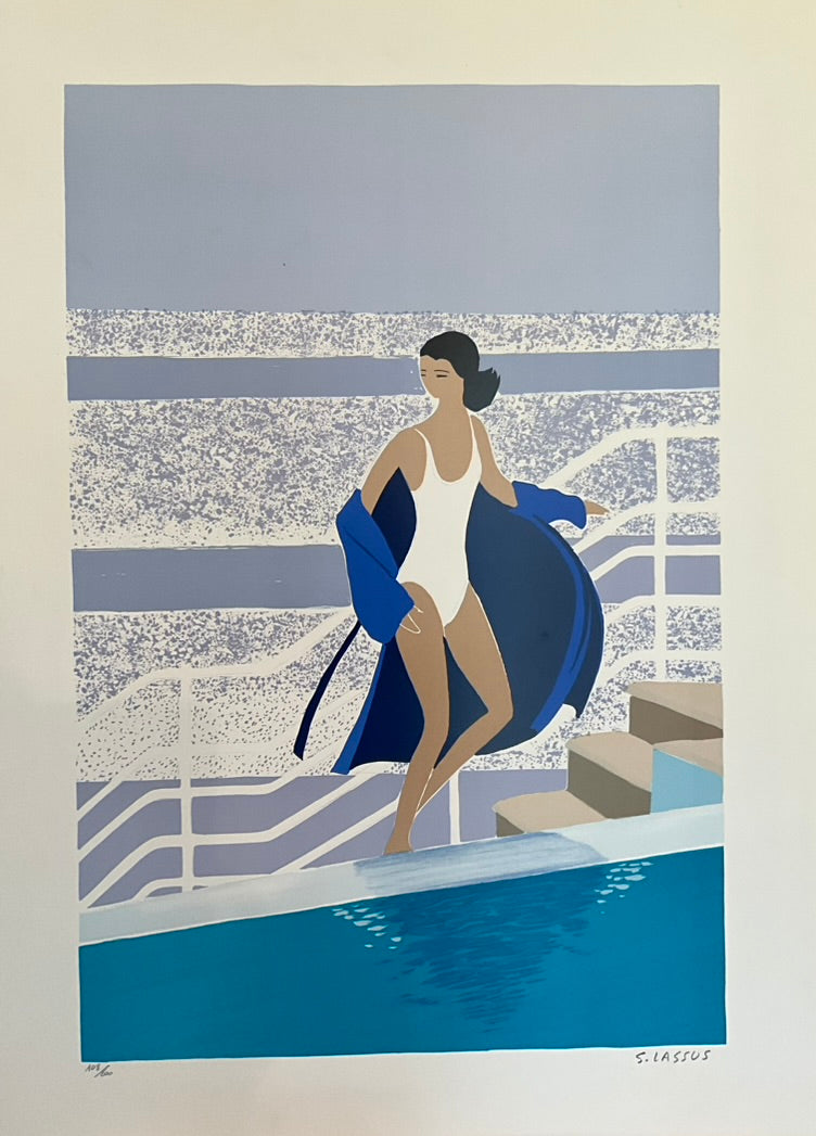 A poster of a woman in a swimsuit walking out of a pool, with a staircase and blue sky in the background.