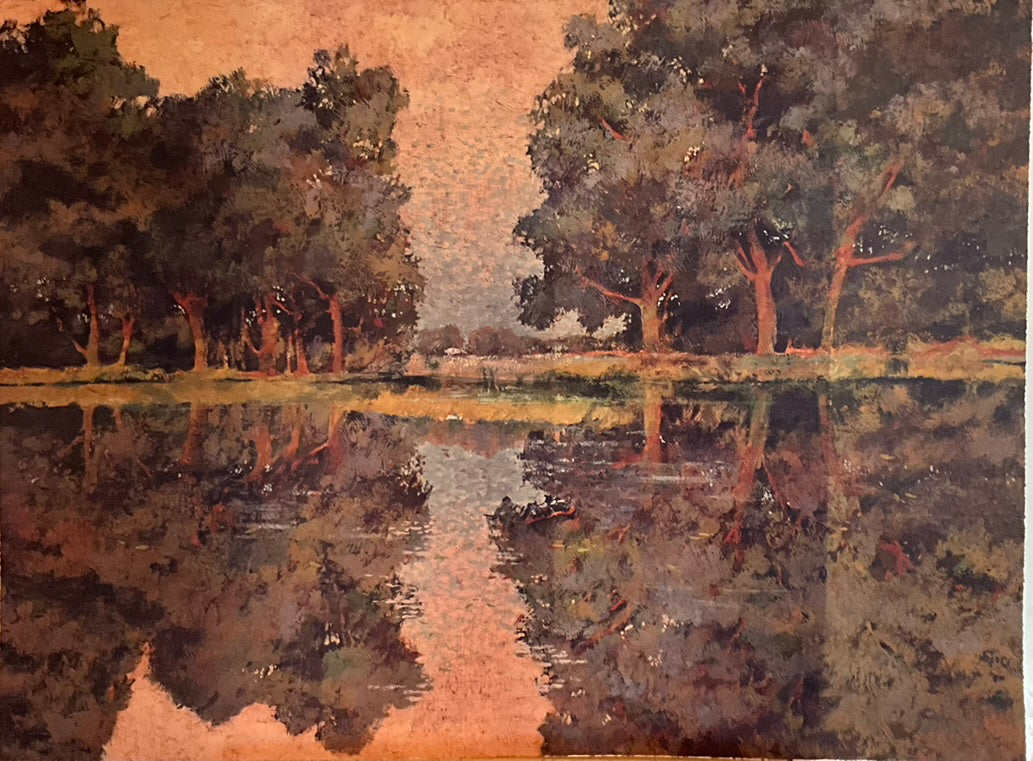 unframed of trees reflection in the pond with a sunset sky