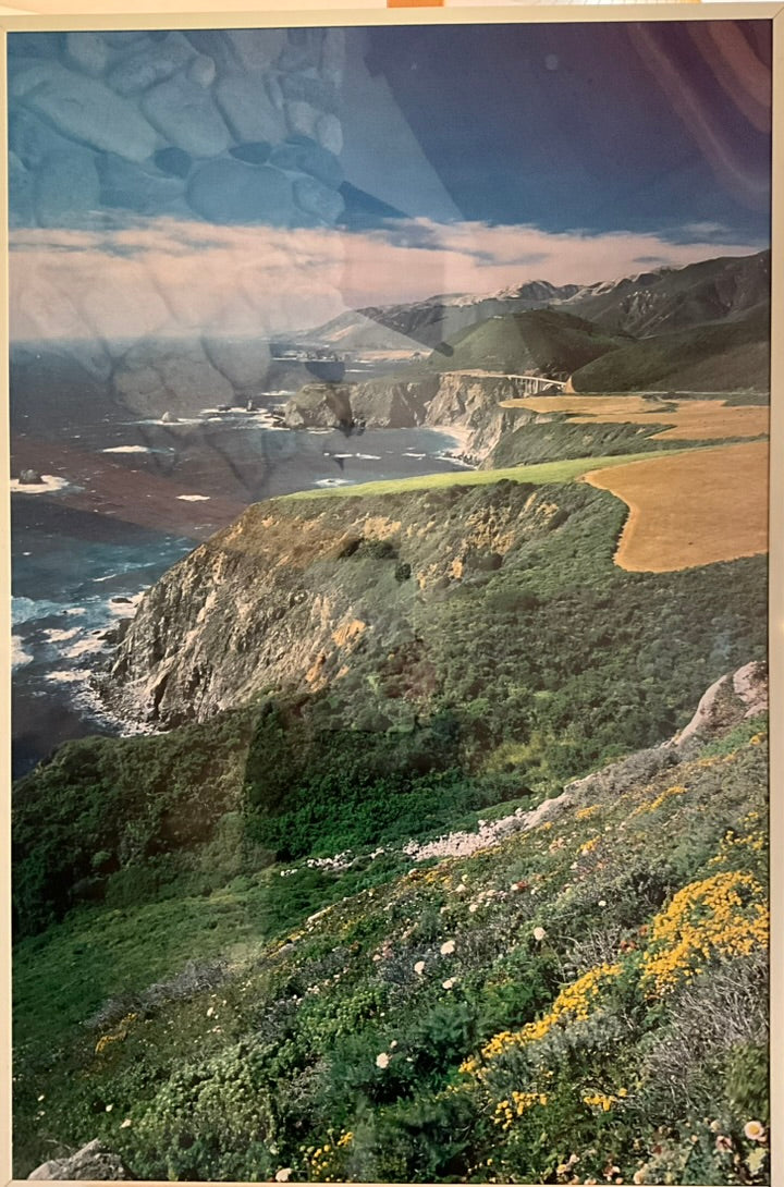 Framed photograph featuring a coastal landscape with a bridge extending out over the ocean, labeled 'Big Sur Bixby Bridge'.