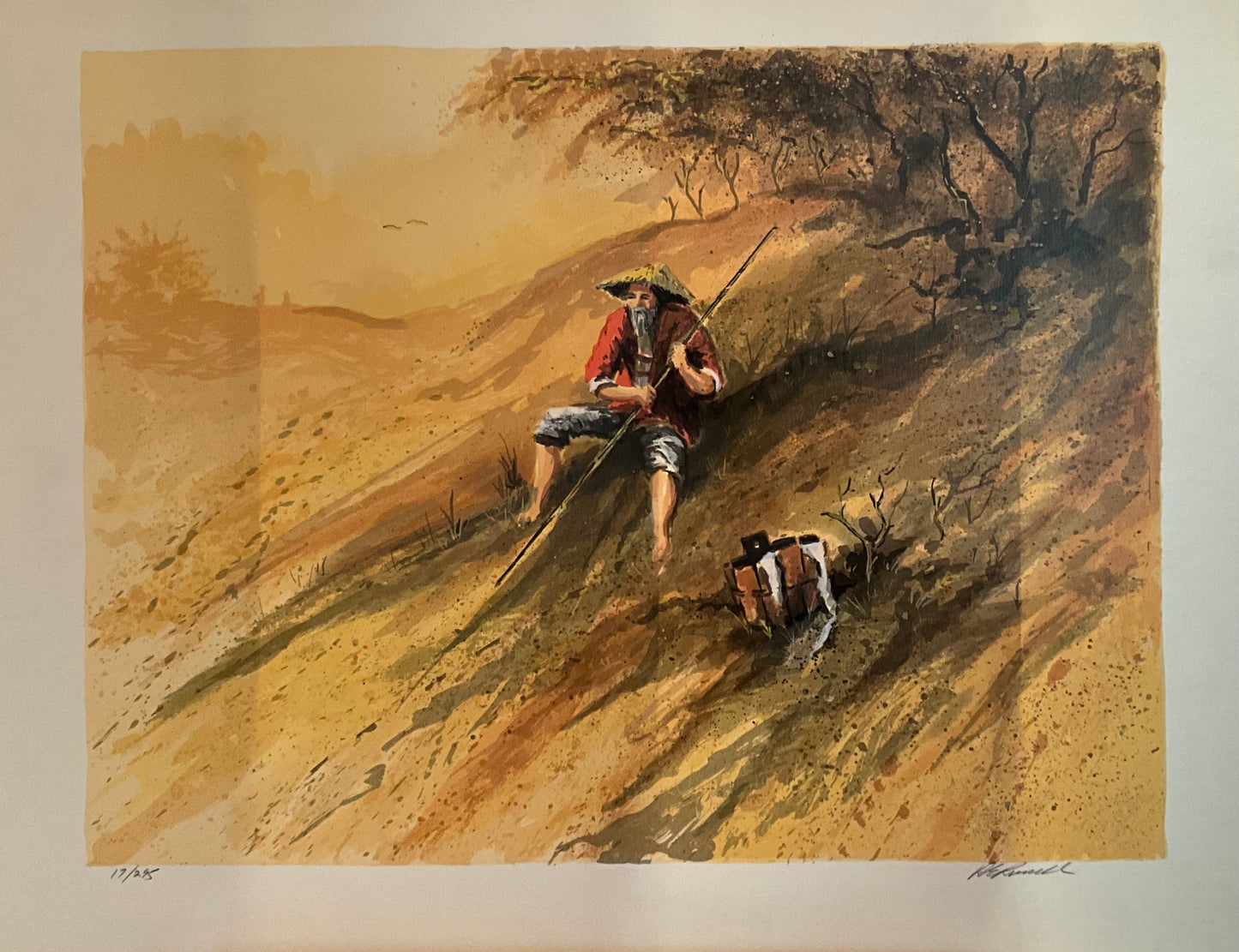 A painting of a man sitting under a tree with a fishing rod. Primarily using warm tones, red, yellow, orange.