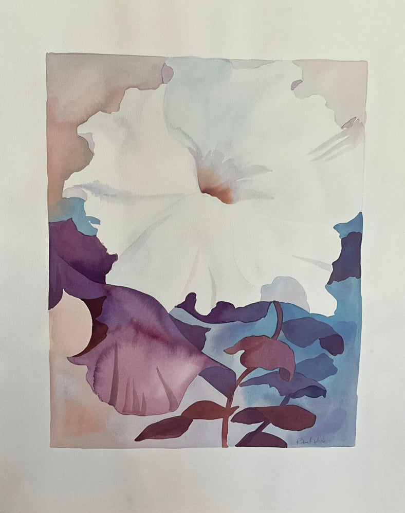 An unframed artwork featuring a white flower with purple and blue accents, signed by the artist.