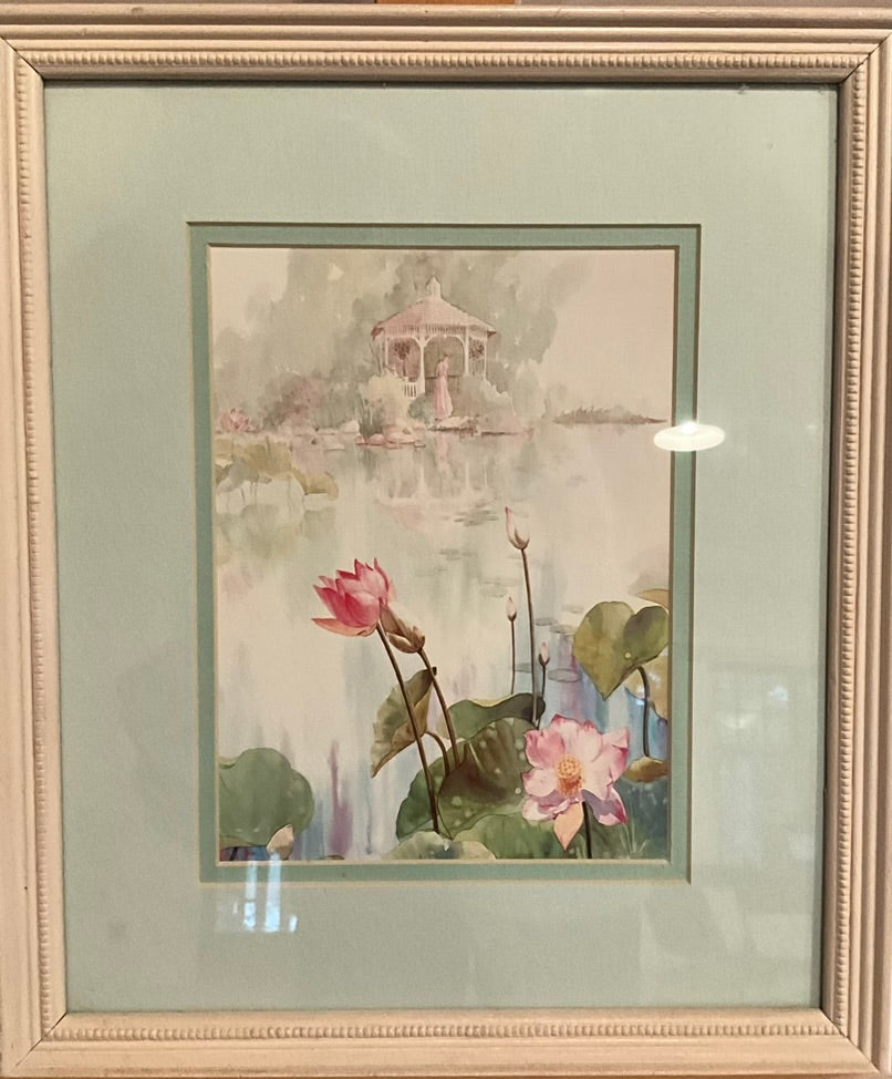 Painting of a distant gazebo across a pond, with flowers blooming in the foreground.
