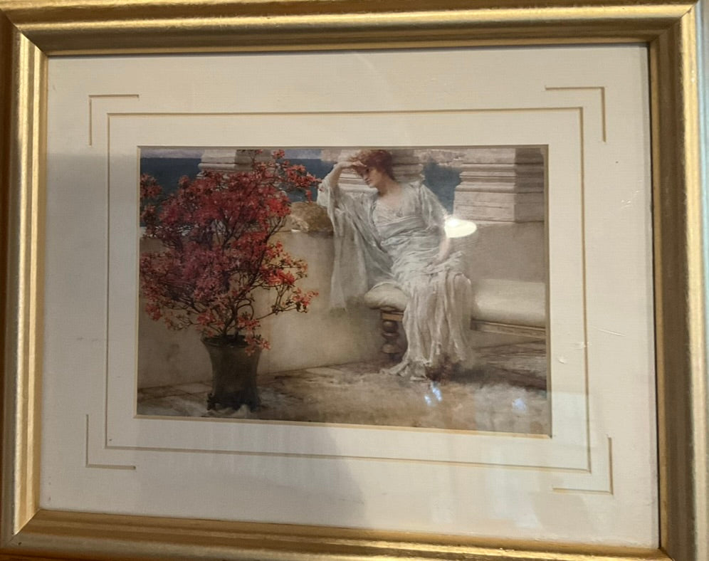 framed woman in white, thinking on a bench next to a red plant, overlooking a body of water