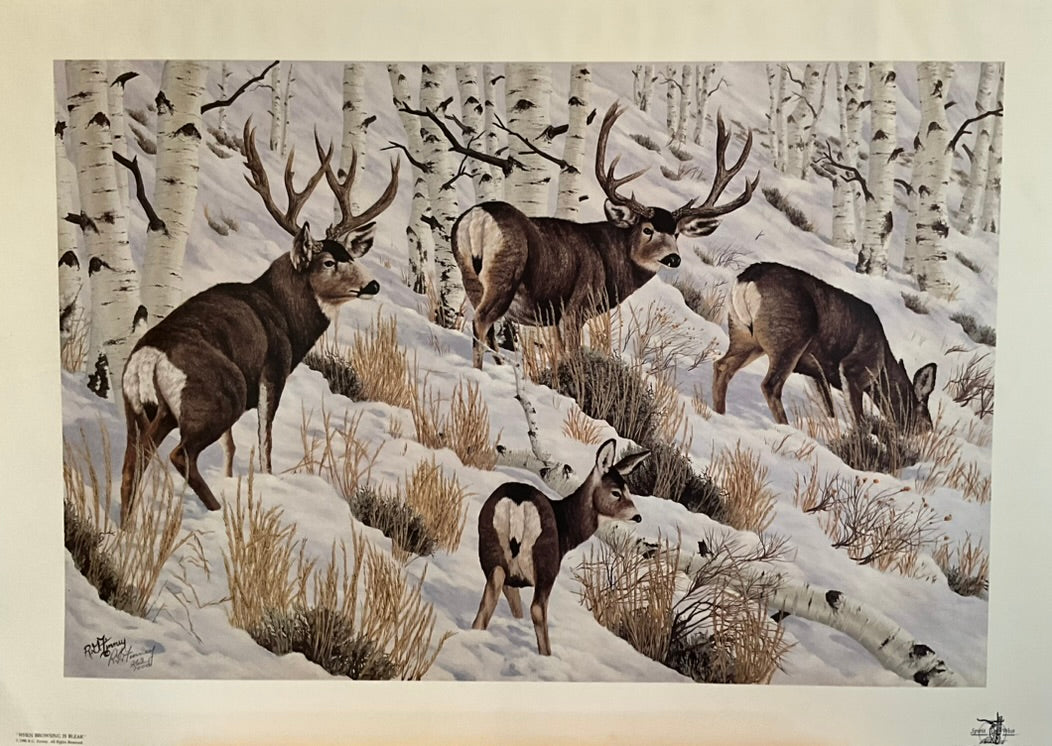 A painting of a family of deer on a grazing snowy hill.