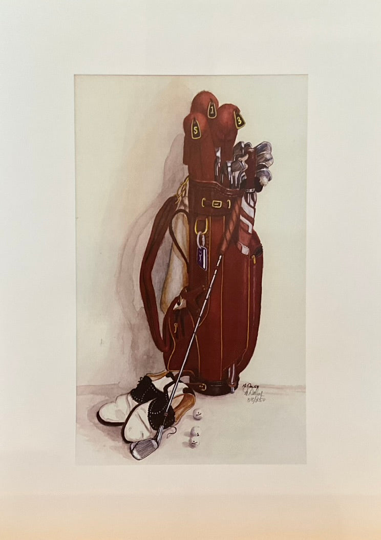 Illustration of a red golf bag with a sun visor and a golf club, featuring artist's signature.
“M Daley Golf Bag limited edition 10x14 art print – unframed sports still life featuring a classic golf bag”