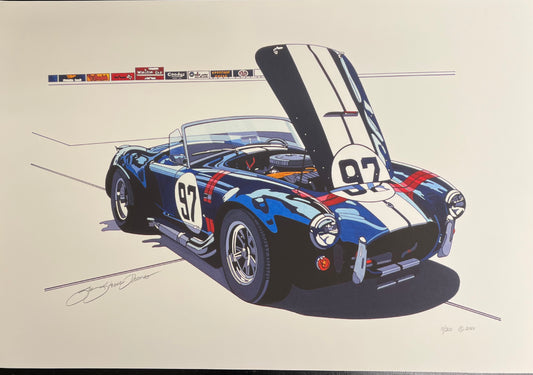 Illustration of a vintage race car with number 97 on a beige background