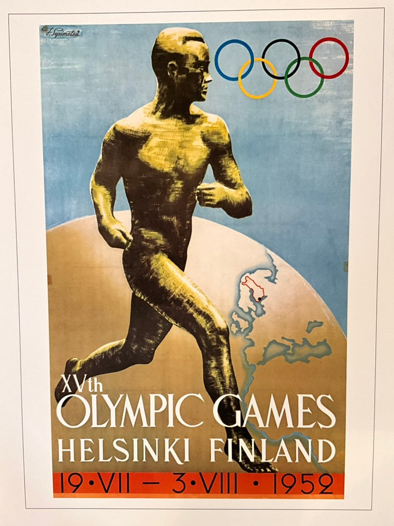 A poster featuring a nude male figure running with a background of a stylized map of Finland and the Olympic rings. Text indicates 'XIX Olympic Games Helsinki Finland 1952'.