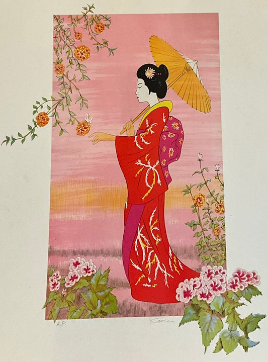 A painting of a woman in a red dress with a parasol enjoying the flowers in bloom with a pint background.