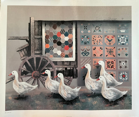 A lithograph print of family of ducks walking beside a cart with quilts hanging from it.