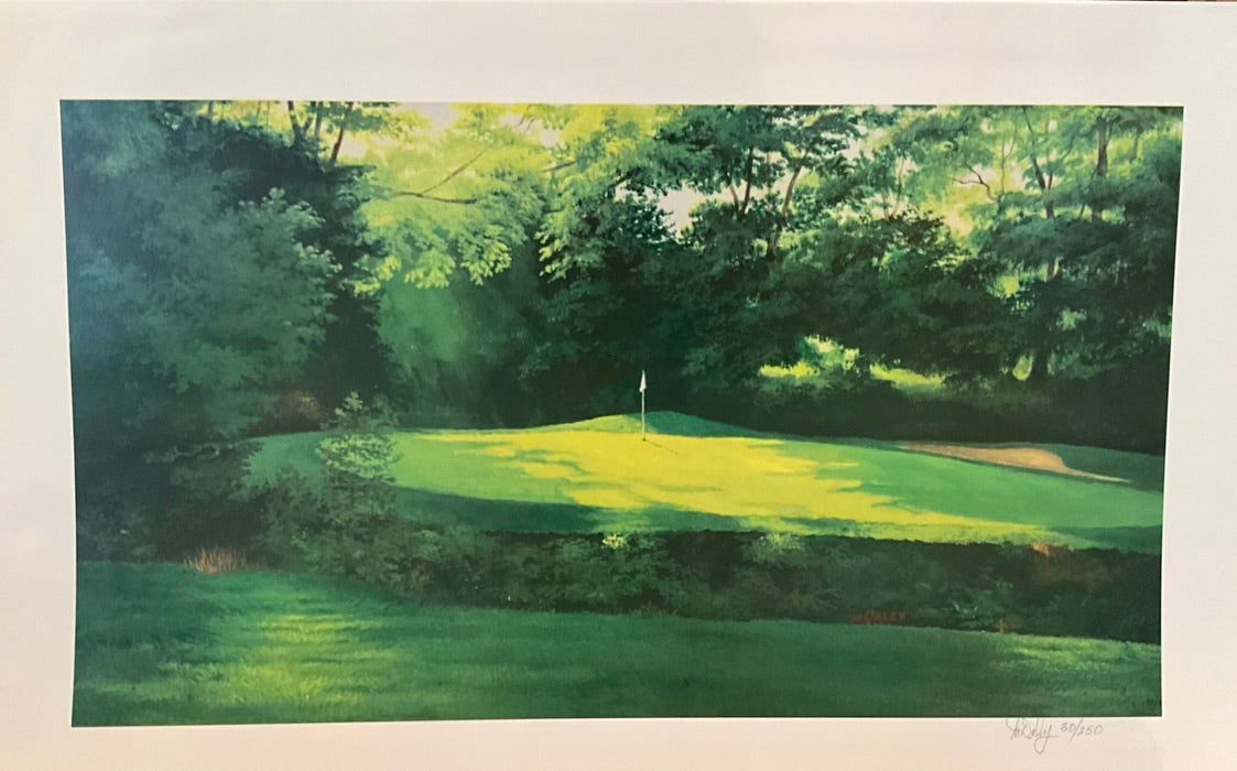 A painting depicting a view of a golf hole across a rough, with trees and a blue sky in the background.