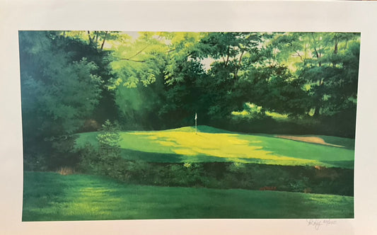 A painting depicting a view of a golf hole across a rough, with trees and a blue sky in the background.