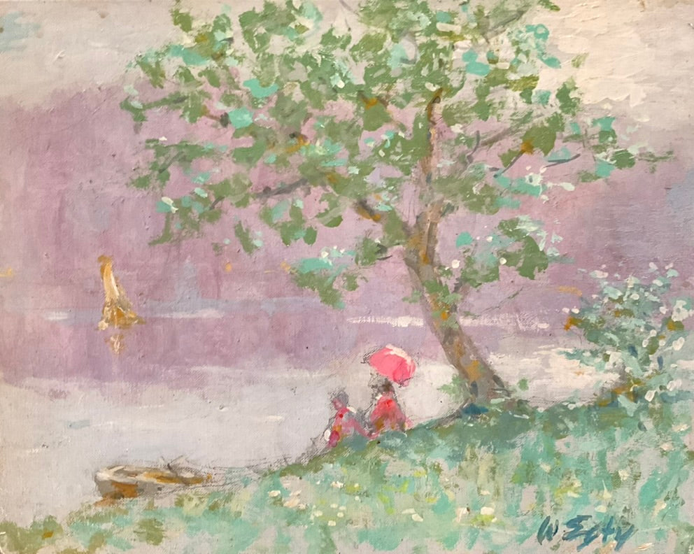 Unframed artwork of two human figures, one carrying, a parasol sitting under a tree  by a body of water reflecting the pink sky. 