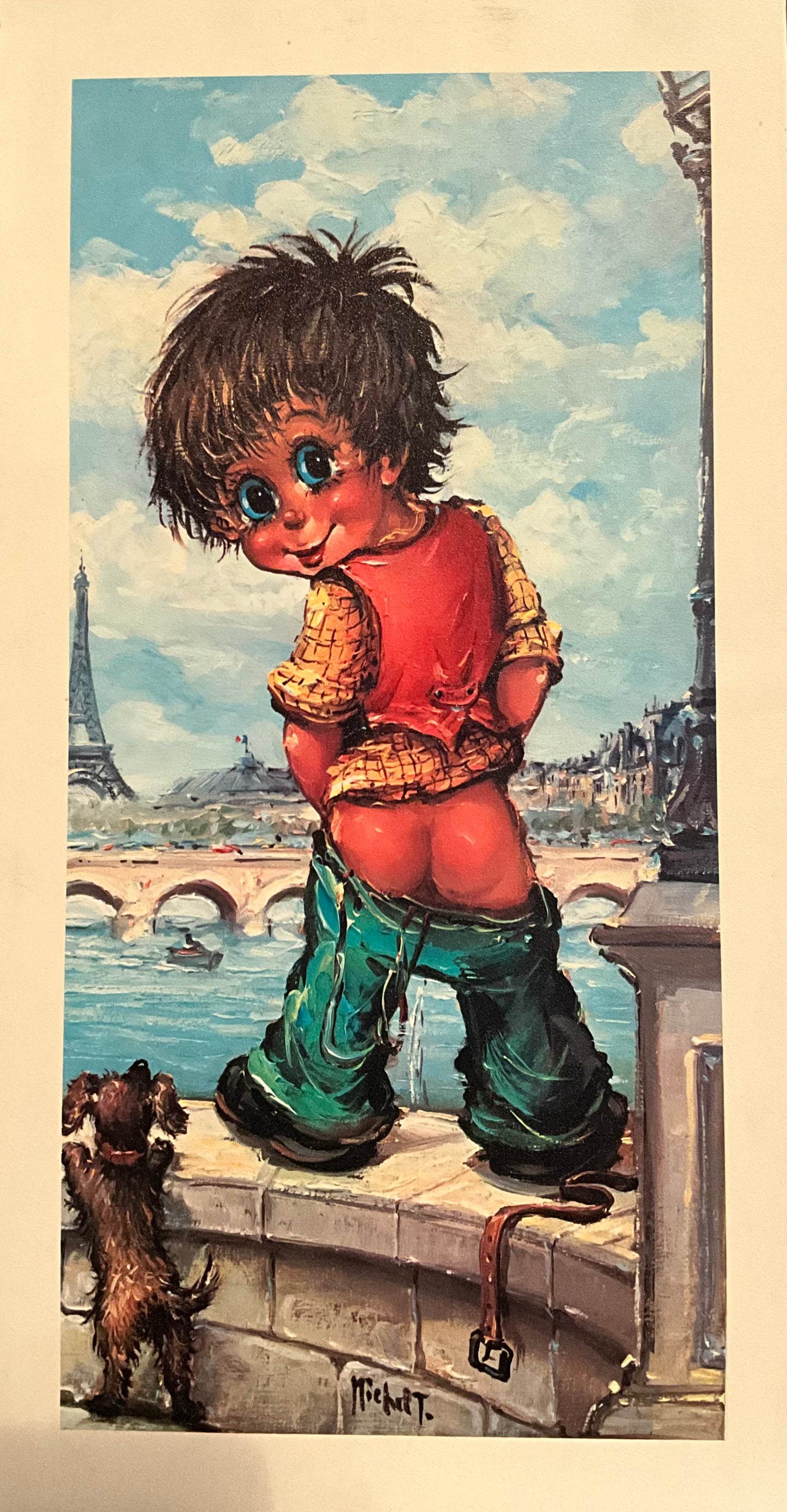 A painting of a boy with big eyes urinating over the edge of a wall into the water in France. His dog is accompanying him. Primary color palette is Blue, Red and Yellow.