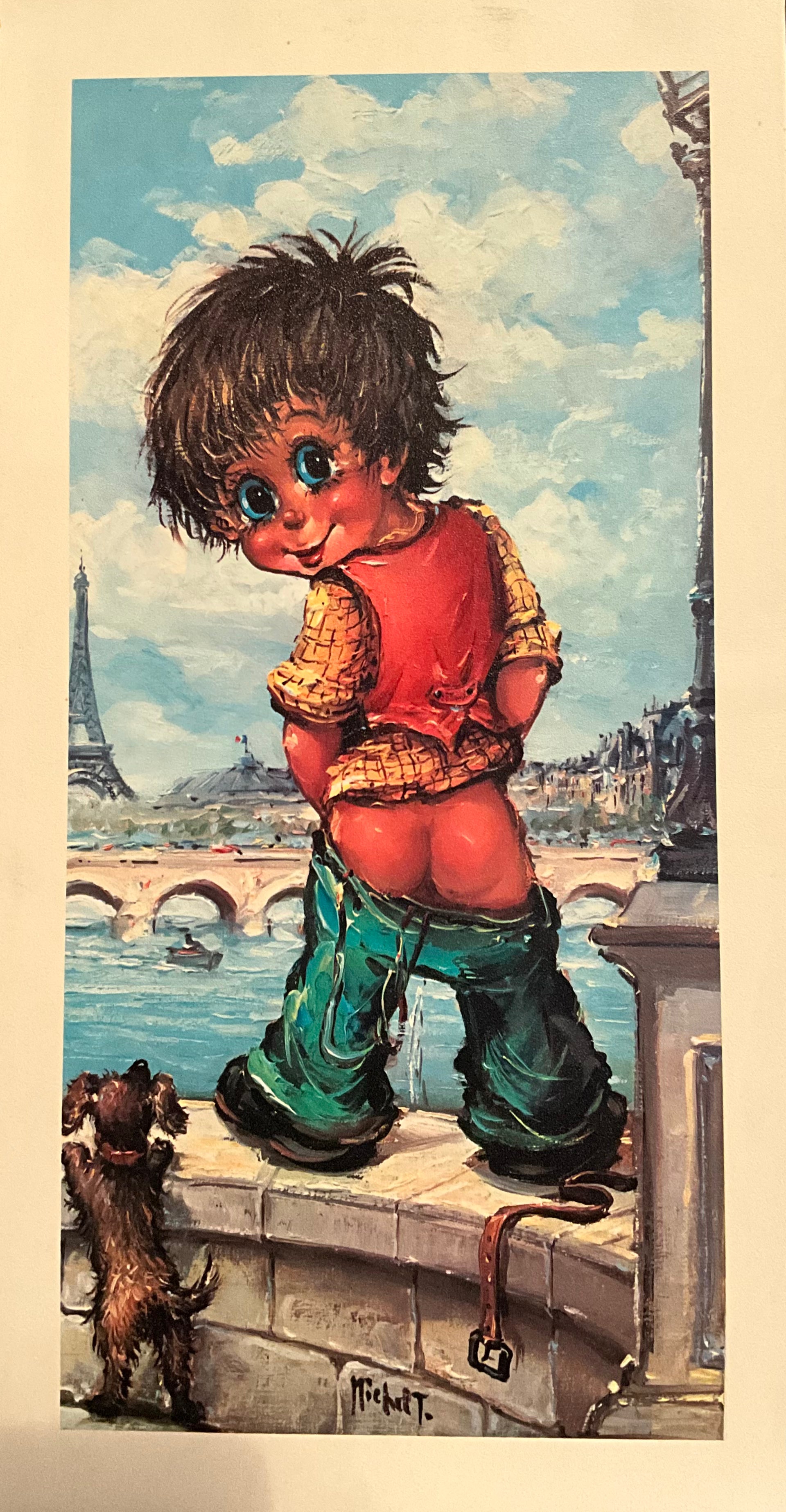 A painting of a boy with big eyes urinating over the edge of a wall into the water in France. His dog is accompanying him. Primary color palette is Blue, Red and Yellow.