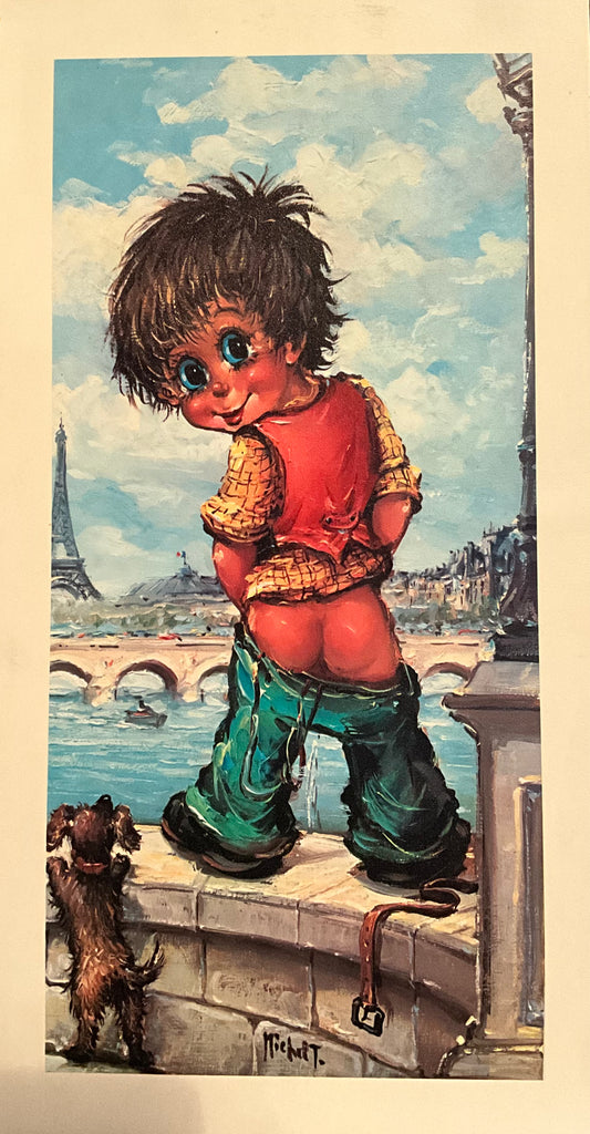 A painting of a boy with big eyes urinating over the edge of a wall into the water in France. His dog is accompanying him. Primary color palette is Blue, Red and Yellow.