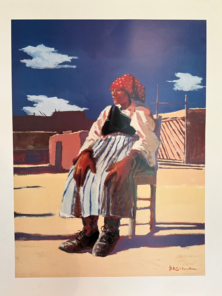A painting depicting a woman in a village setting, seated on a chair, with a blue sky and whitewashed walls in the background.