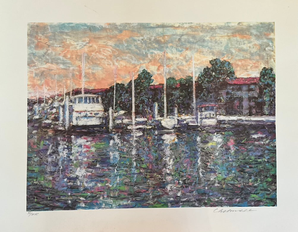 A stylized painting of docked boats on a body of water surrounded by trees and buildings.