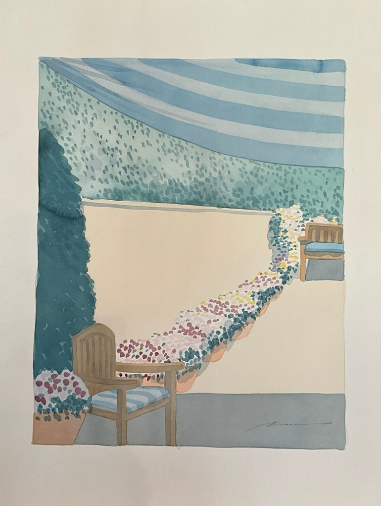 A framed watercolor painting depicting a house with a garden and a chair, predominantly in soft blue and green tones.