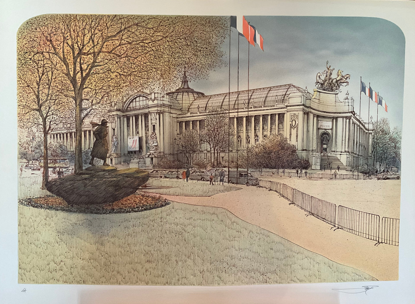 Illustration of the Grand Palais in Paris, France, featuring its glass-domed roof and ornate classical architecture. In the foreground stands a statue of Charles de Gaulle on a raised platform surrounded by trees with autumn foliage. Several French flags wave on tall flagpoles, and a few people walk along the fenced pathways in front of the building. The scene is rendered in a delicate, detailed ink-and-watercolor style.

