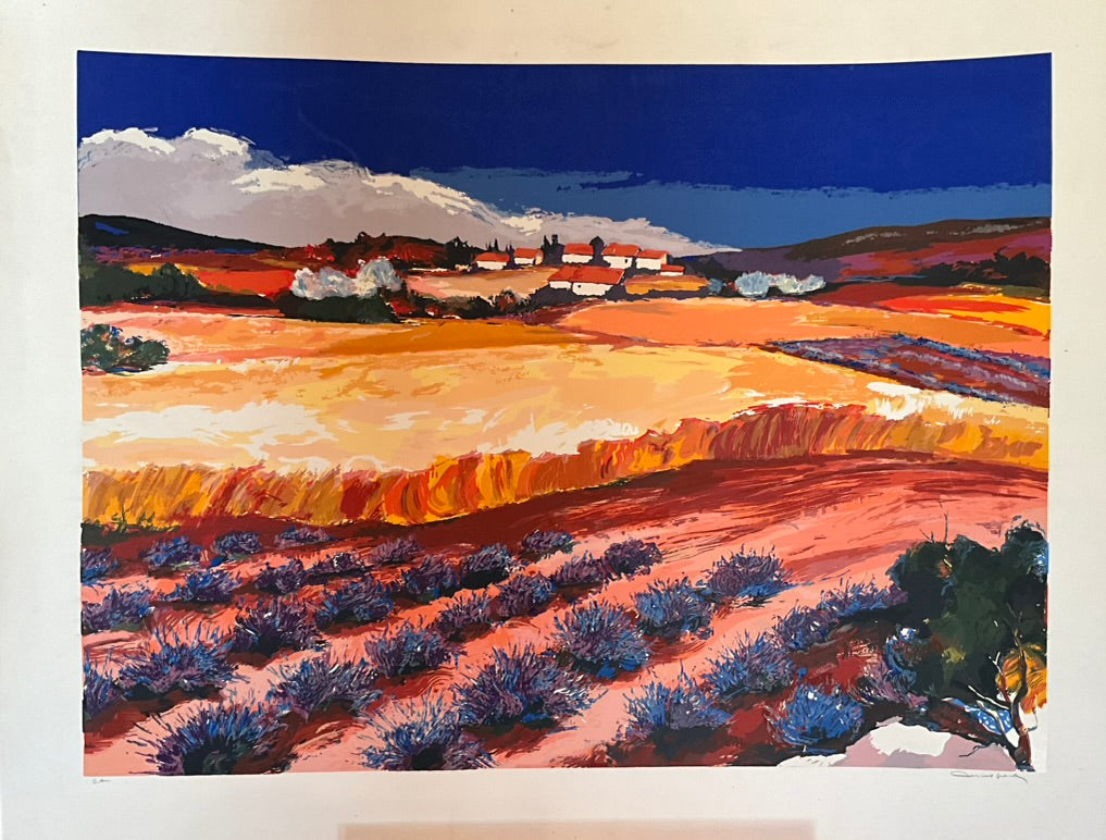 Unframed artwork depicting a vibrant country landscape with fields of wheat and lavender and a village in the background, titled 'Country Landscape' by Bruno Perino.