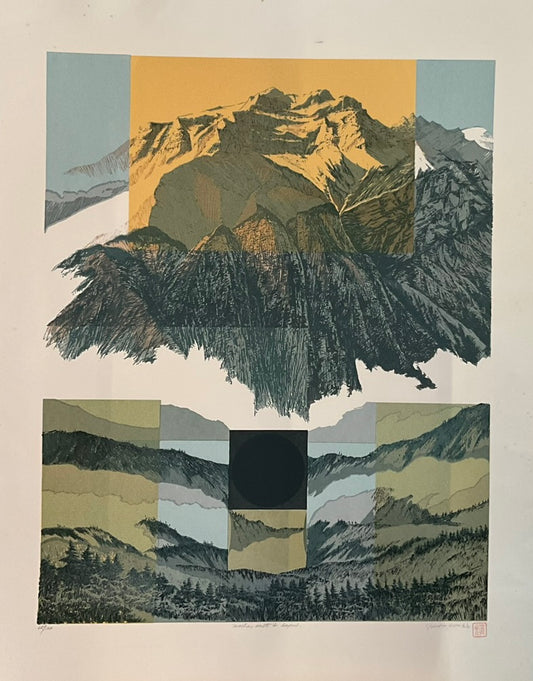 Unframed artwork depicting a stylized landscape with mountains and a sunset-like light at the top, with the artist's signature.