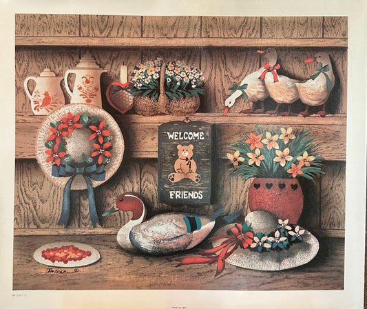 A lithograph print featuring a rustic, country-themed scene with a ceramic ducks, flowers, and a 'Welcome Friends' sign.