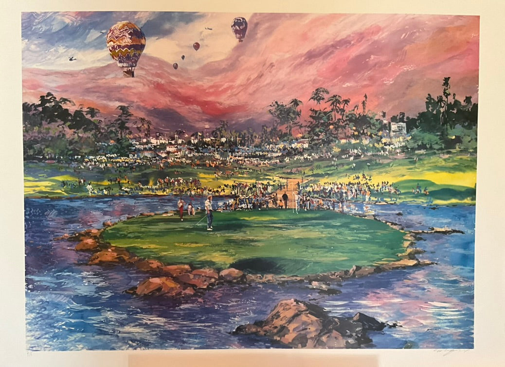A painting depicting a lush green golf course with people, houses, and hot air balloons in the background, under a pink and blue sky.