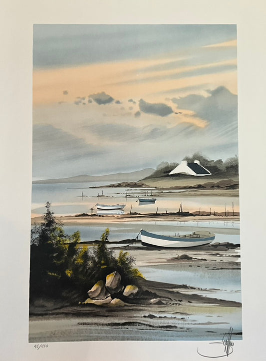 Unframed painting depicting a house on a beach with boats in the foreground and a cloudy sky in the background, signed by the artist.