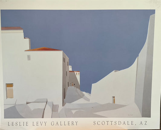 A color lithograph of a Mediterranean village with blue sky, showing a street with white buildings and a clear blue sky.