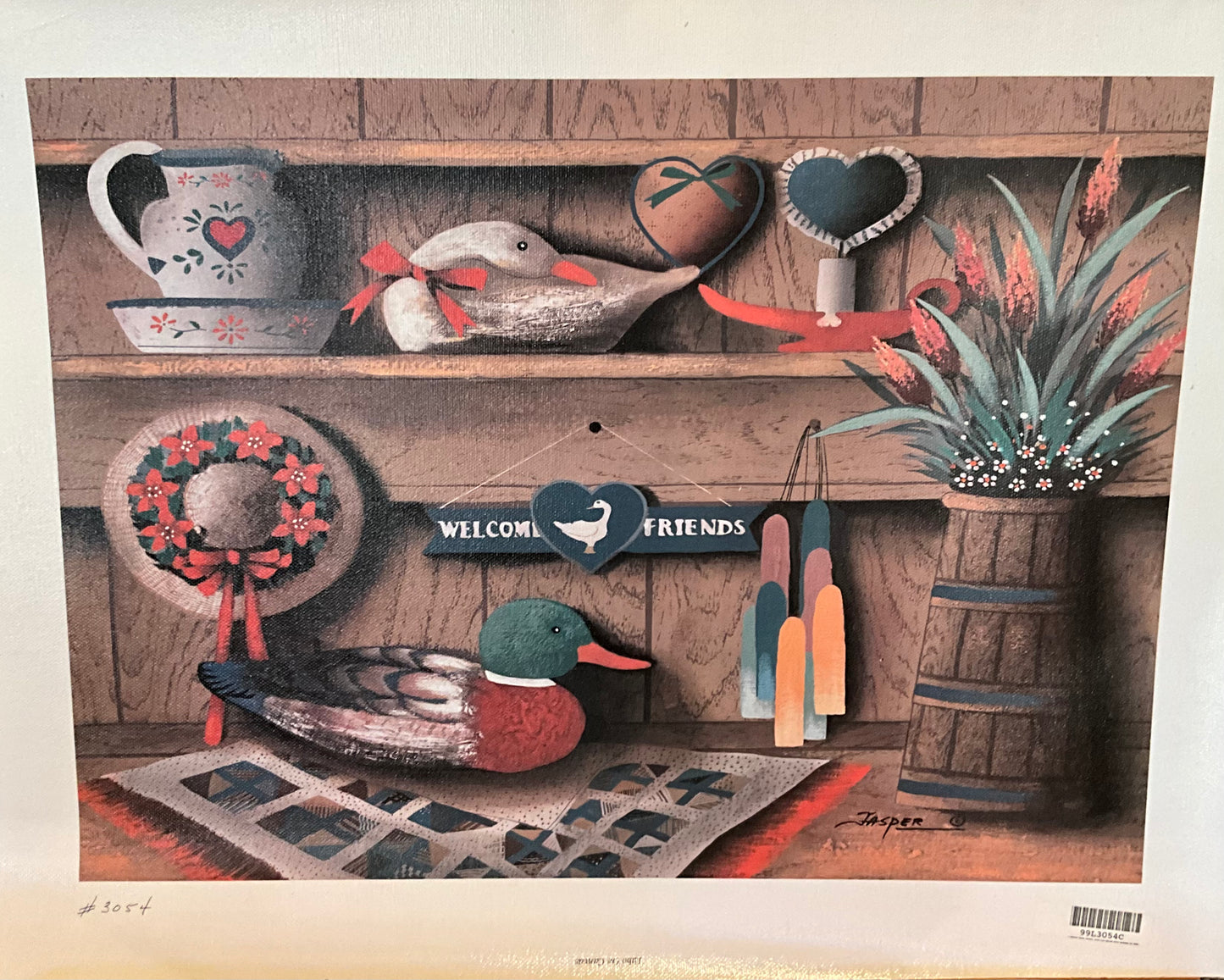 A closeup lithograph of a welcome nook shelf, fully equipped with decorative ceramic ducks, a plant, a candle holder and several candles, and a gravy dish.