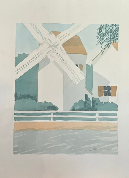 A watercolor painting of a windmill overlooking a beach and body of water with greenery in the background.