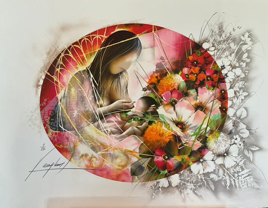 A painting depicting a mother holding a baby, with a background of colorful flowers and foliage, signed by Raymond Poulet.
