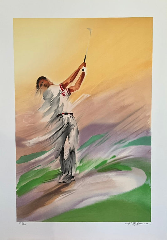 A painting of a golfer in mid-swing with a golf club, depicted in a colorful, impressionistic style.