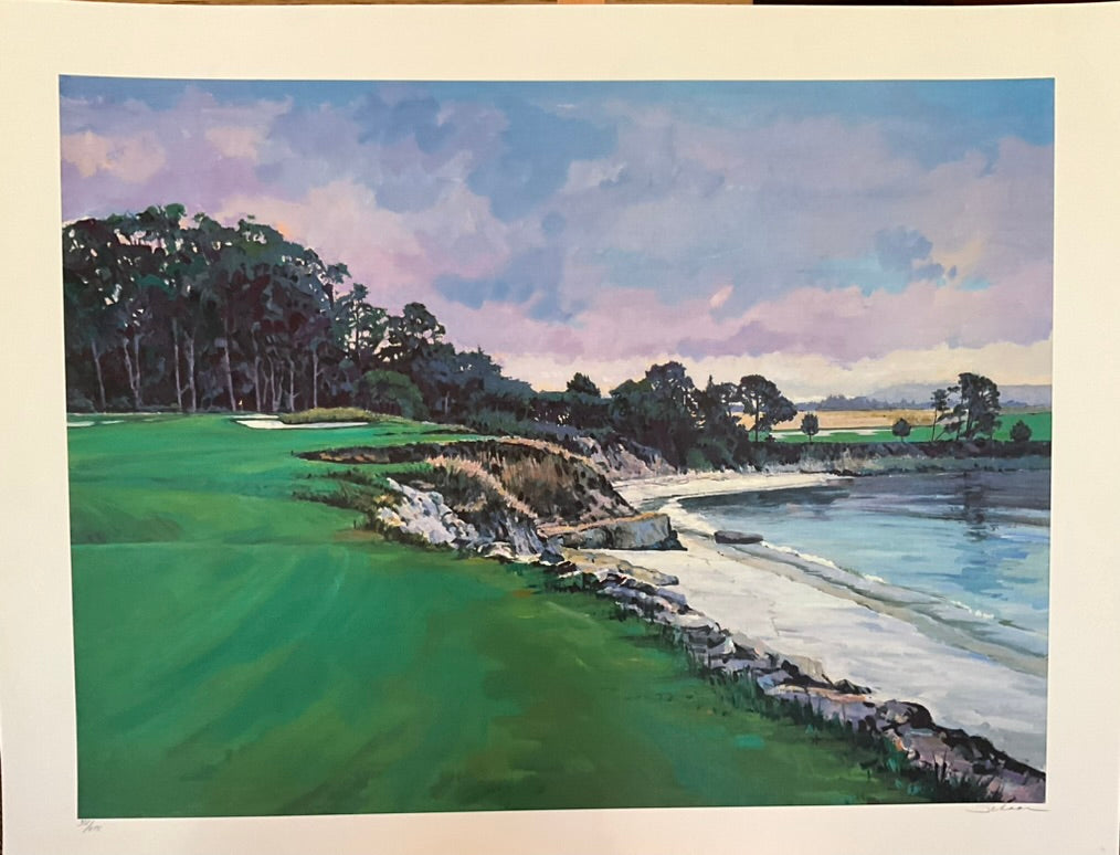 A painting depicting the approach to a golf hole at Pebble Beach, with a vivid landscape of trees and a body of water in the background.