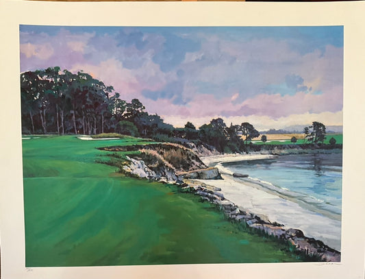 A painting depicting the approach to a golf hole at Pebble Beach, with a vivid landscape of trees and a body of water in the background.