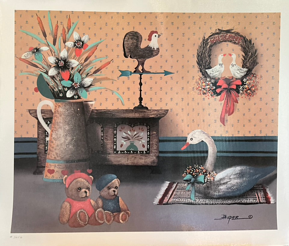 A lithograph print featuring a colorful illustration of teddy bears, ceramic birds, and a wreath, with a signature at the bottom.
