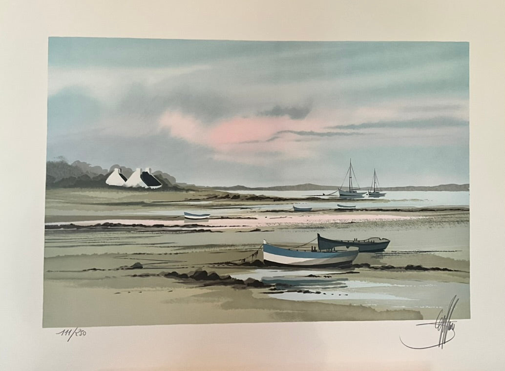 Unframed limited edition coastal landscape painting featuring small boats resting on a sandy shore at low tide with calm waters, distant sailboats, and white cottages beneath a pastel sky by Stéphane Lauro "Little Boats at Low Tide"