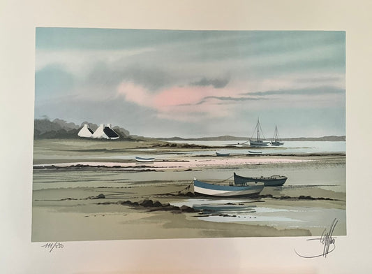 Unframed limited edition coastal landscape painting featuring small boats resting on a sandy shore at low tide with calm waters, distant sailboats, and white cottages beneath a pastel sky by Stéphane Lauro "Little Boats at Low Tide"