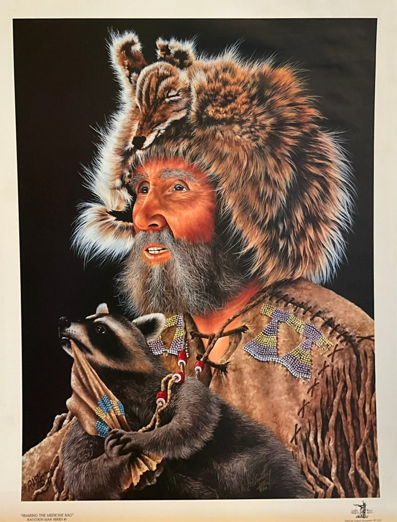 a painting of a grey-bearded native man, wearing leather, draped in a coyote headdress with a companion racoon.