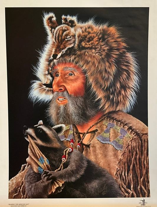 a painting of a grey-bearded native man, wearing leather, draped in a coyote headdress with a companion racoon.