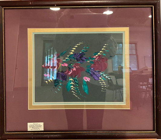 Framed and matted floral painting, heavy on reds and greens with light yellow and dark purple accents.