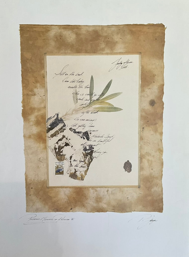 A creatively edited image of a postcard with written text and an illustration of an olive branch, presented in a beige and brown color scheme.