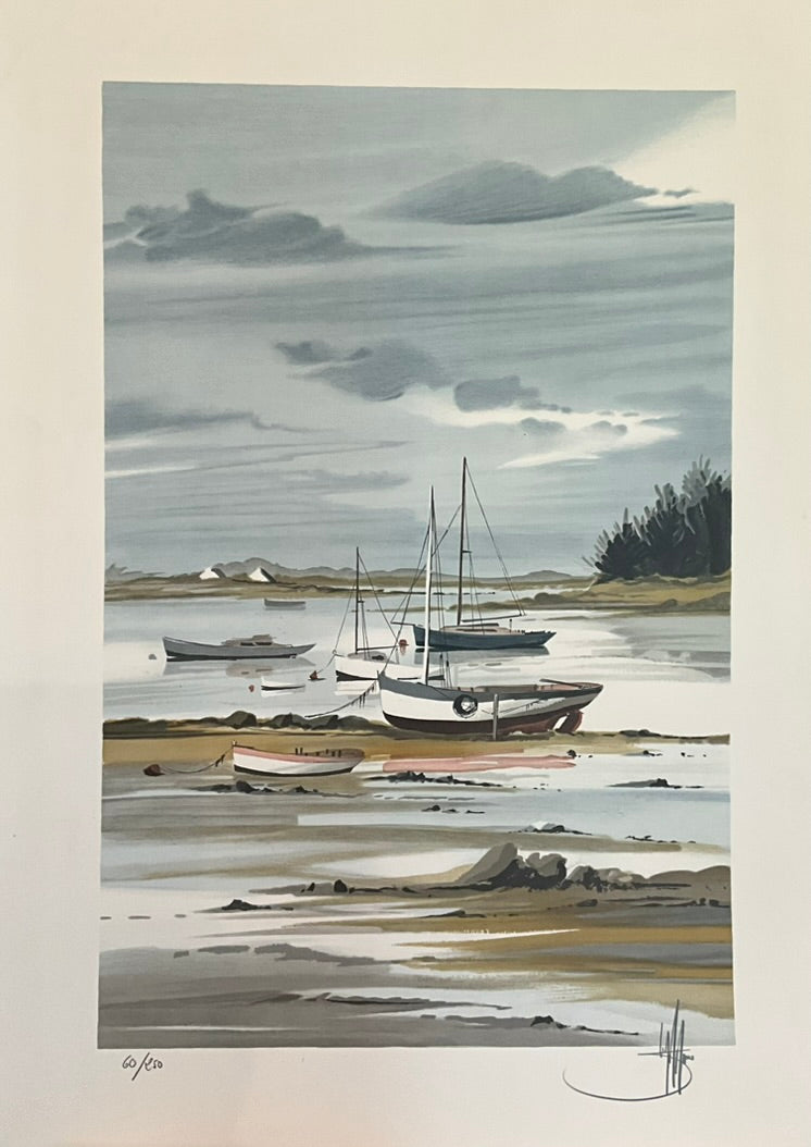 unframed artwork depicting a serene ocean scene with boats and a cloudy sky.