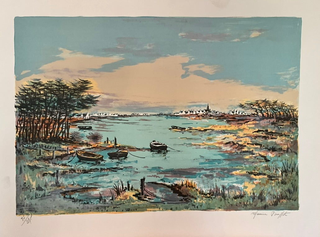 A painting boats in a lake, tall trees to both sides and cloudy blue skies with a pastel color palette.