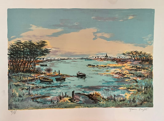 A painting boats in a lake, tall trees to both sides and cloudy blue skies with a pastel color palette.
